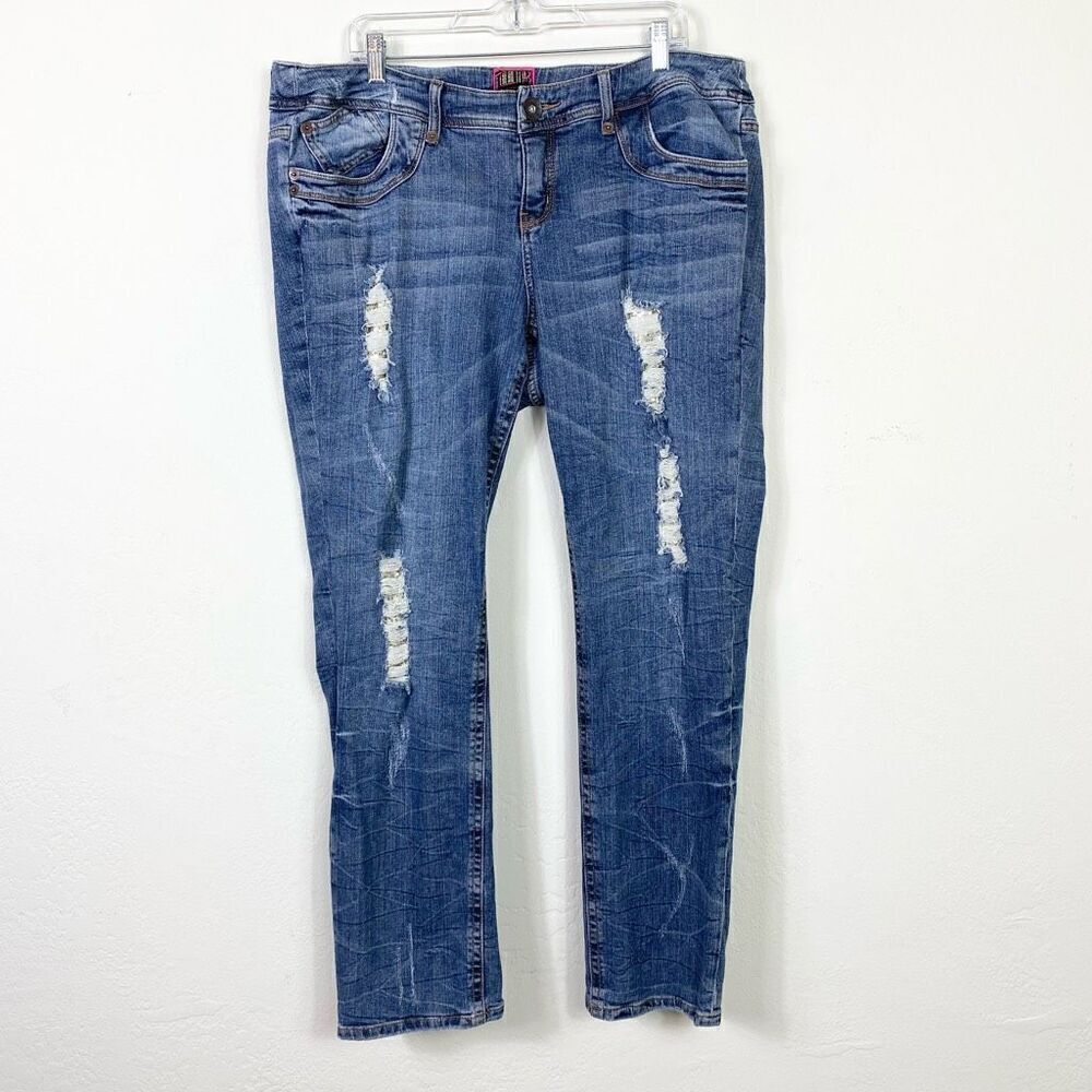 Torrid Medium Wash Distressed Ripped Patched Gold Sequin Skinny Jeans Size 20